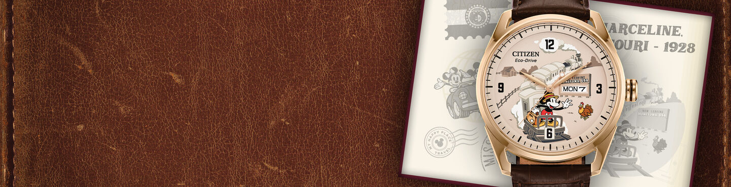 Men's Disney Watches: Featuring image of Hometown Mickey Mouse watch model AW0088-04W on a leather background