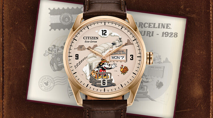 Men's Disney Watches: Featuring image of Hometown Mickey Mouse watch model AW0088-04W on a leather background