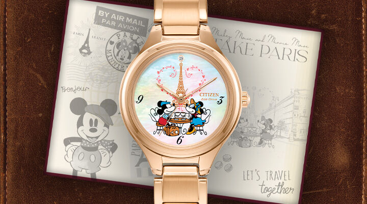 Women's Disney Watches; Featuring Mickey Mouse & Minnie Mouse Take Paris watch model FE2103-52D on a leather background
