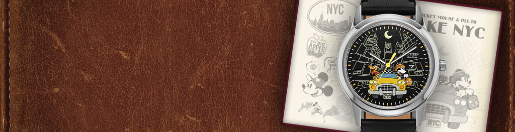 Men's Disney Watches; Featuring Mickey Mouse & Pluto Take NYC watch model AW1860-01W on a leather background