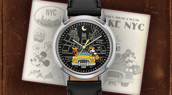 Men's Disney Watches; Featuring Mickey Mouse & Pluto Take NYC watch model AW1860-01W on a leather background