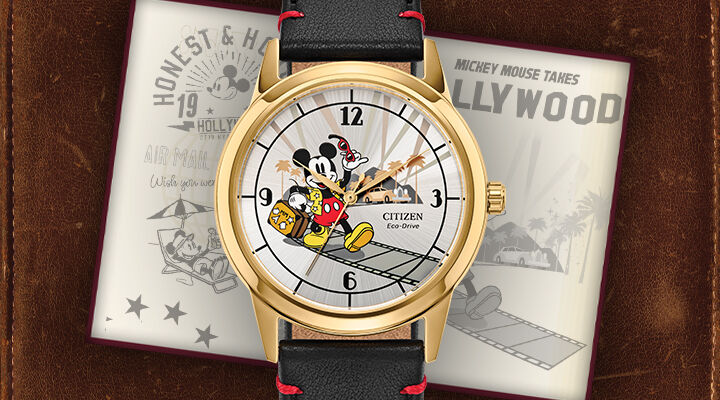 Men's Disney Watches; Featuring Mickey Mouse Takes Hollywood watch model FE7063-07W on a leather background