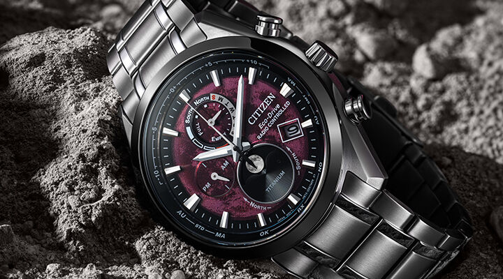 Men's Super Titanium watches, featuring Tsuki-yomi A-T watch model BY1018-55X on a rock background